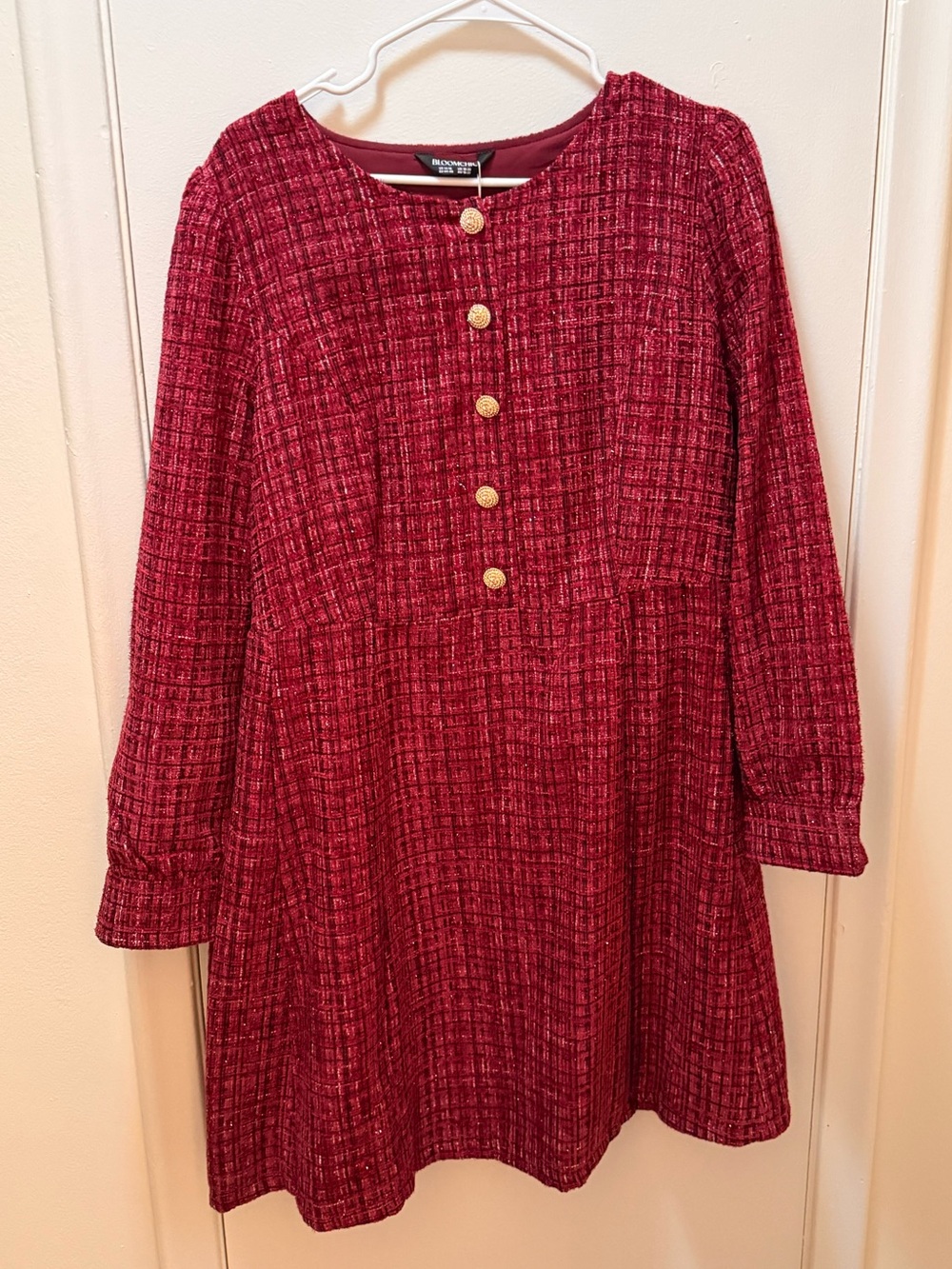 BloomChic Pink Tweed Textured Button-Front A-Line Dress